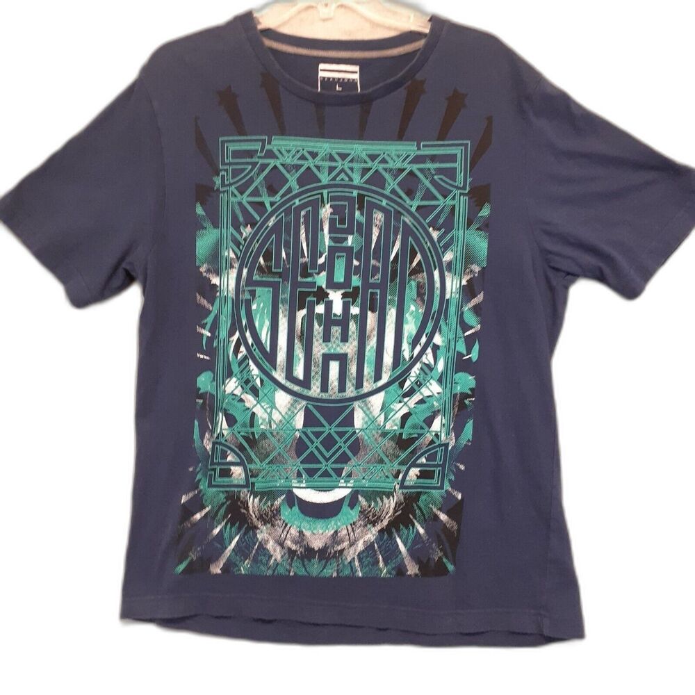 Sean John Mens Sz L Navy Blue Teal Graphic Short Sleeve Retro Cotton T-Shirt